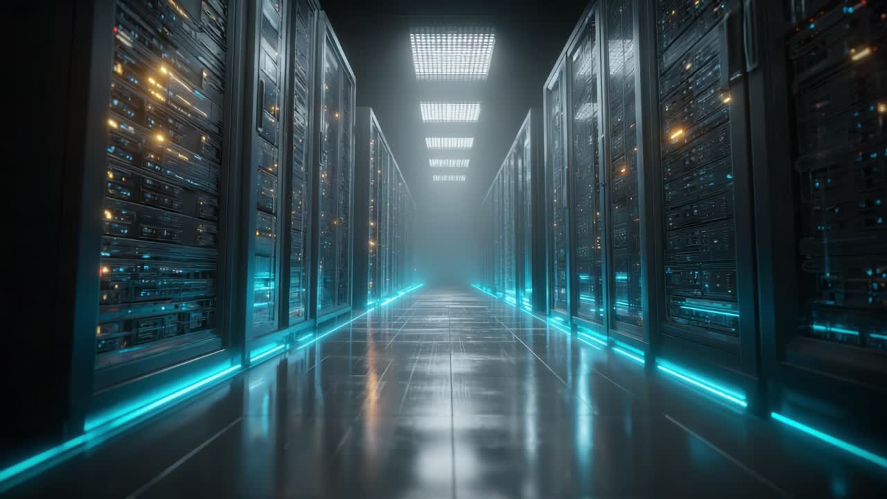 An Impressive View of a Modern Data Center with Rows of Servers Highlighted by Bright LED Lighting, Creating a High-Tech Atmosphere in a Futuristic Environment