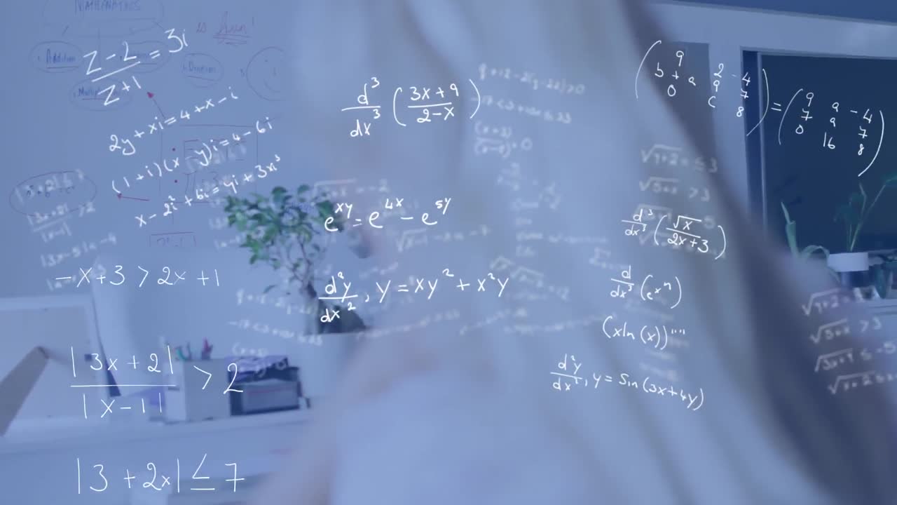 Animation of maths equations over happy african american male teacher in classroom