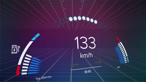 animation of speedometer over grid network against purple gradient background