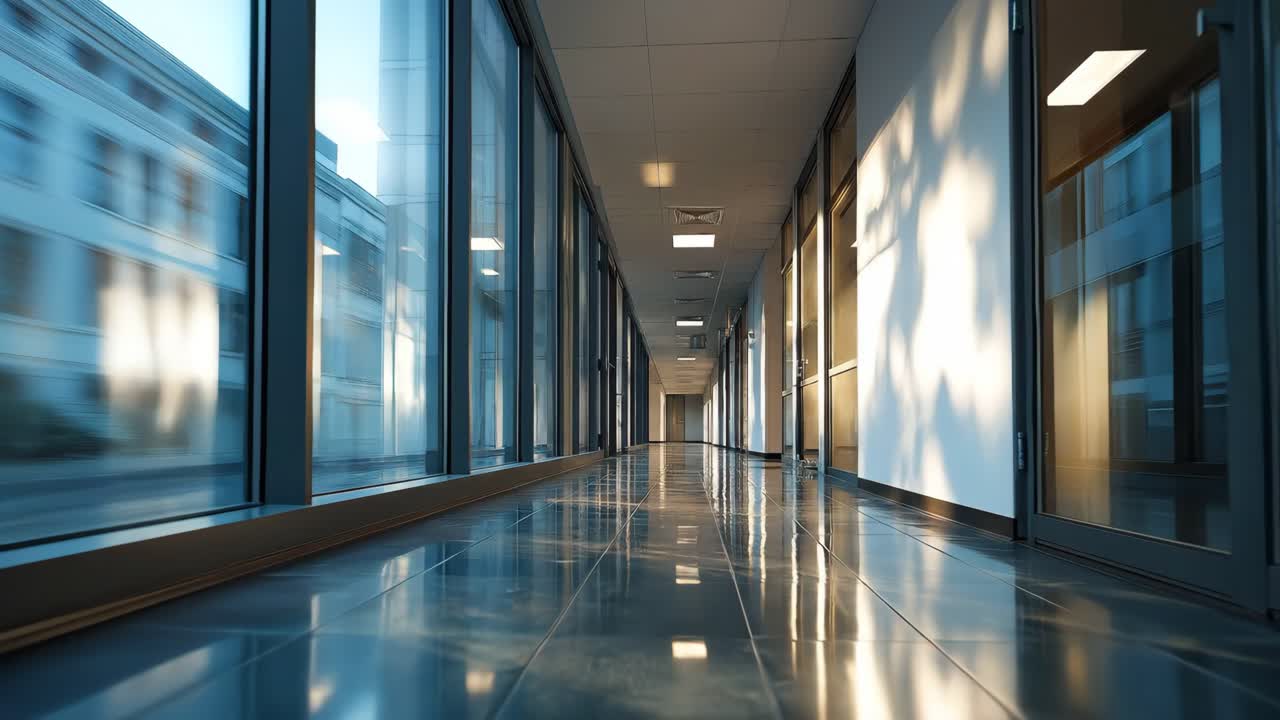 Pasillo de oficina moderno con paredes de cristal