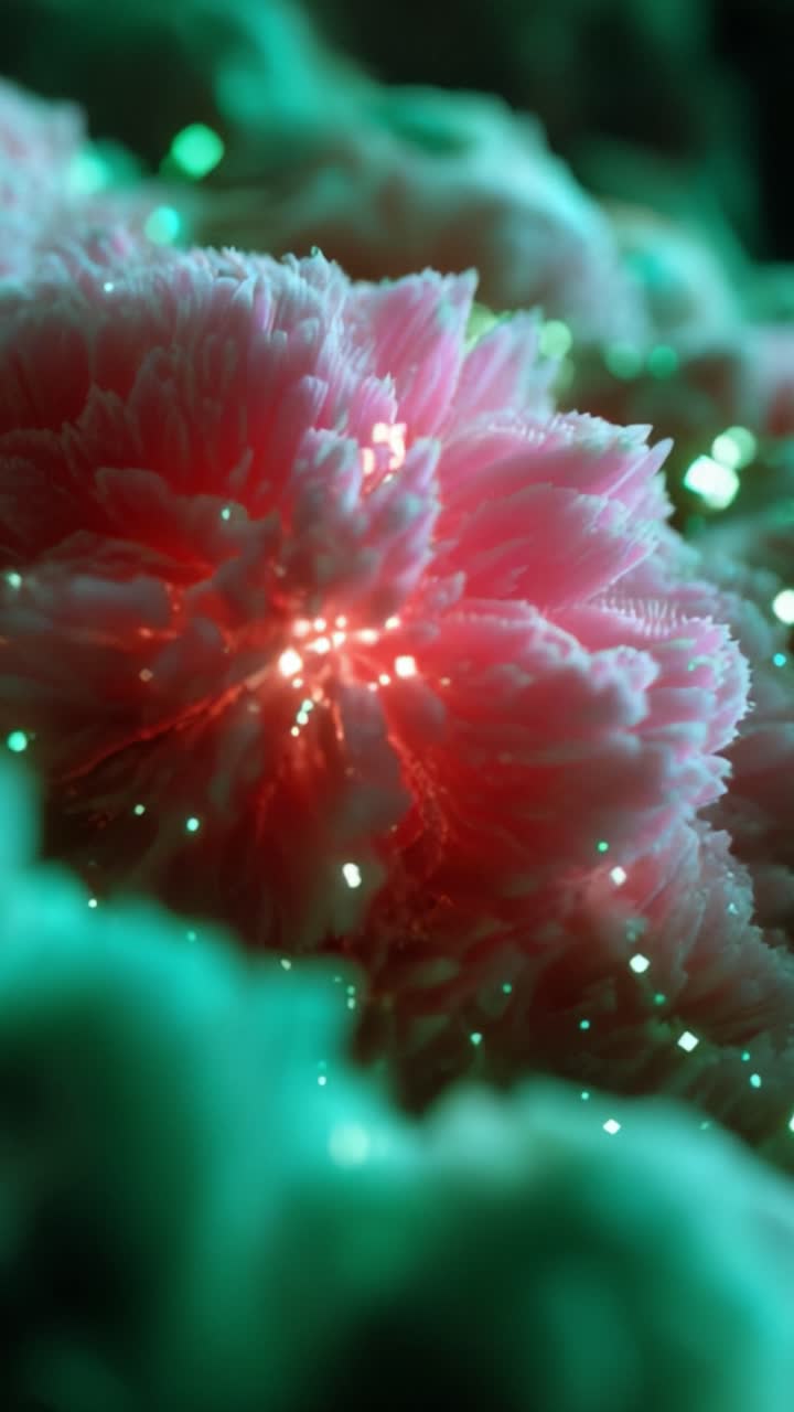 Una vista ravvicinata ipnotizzante di vibranti formazioni cristalline rosa, circondate da eteree sfumature verdi, che cattura l'intricata bellezza delle meraviglie microscopiche della natura