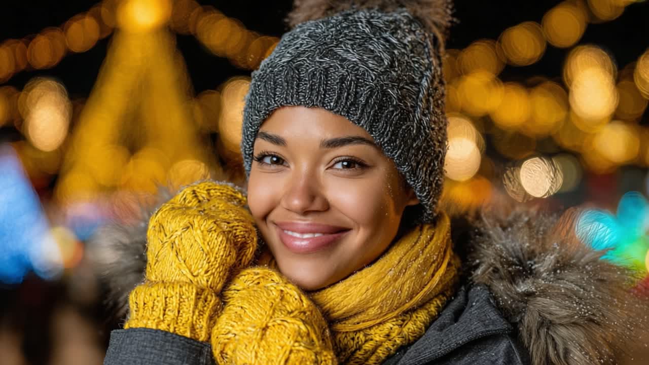 Um sorriso caloroso capturado em um cenário de paraíso invernal cintilante: luzes brilhantes e moda aconchegante criam uma atmosfera de estação encantadora cheia de alegria e calor