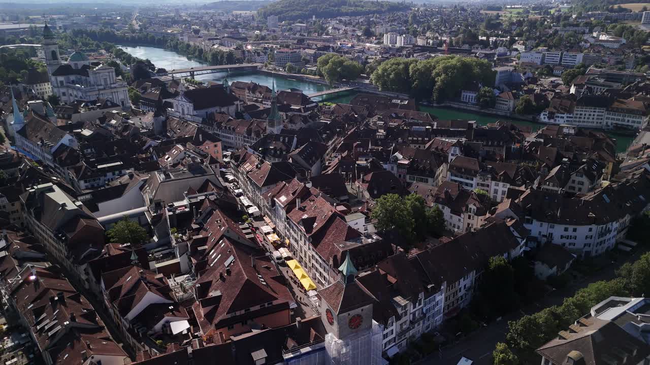 Switzerland medieval town Solothurn Swiss Europe Aare river above building roof
