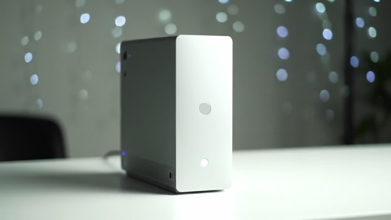 A Sleek, Modern Tech Device Showcased in a Blurry Background of Sparkling Lights, Capturing the Essence of Minimalist Design and Contemporary Aesthetics