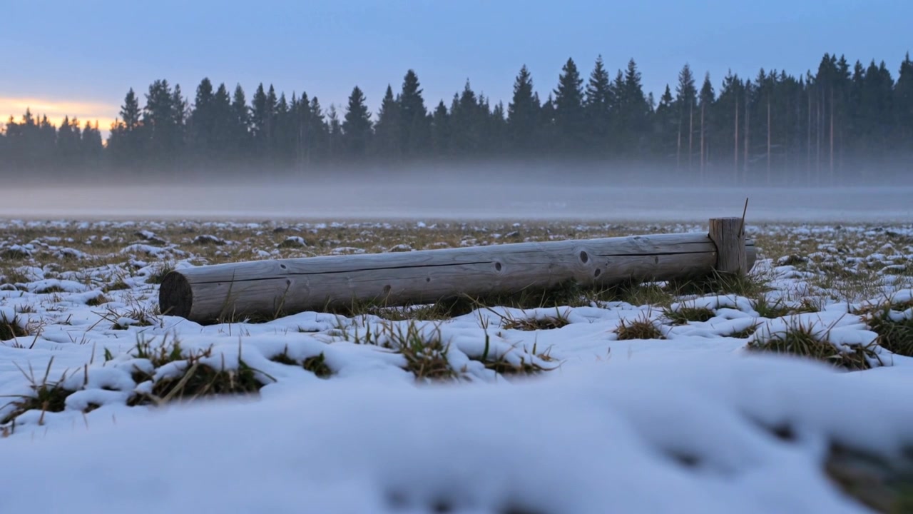 Telecamera che mette a fuoco rivelando un lungo tronco di legno con buchi su un prato innevato, con nebbia e il bagliore dell'alba.