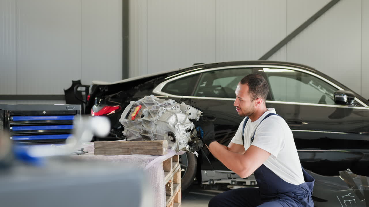 mecánico de automóviles reparando la transmisión en un garaje