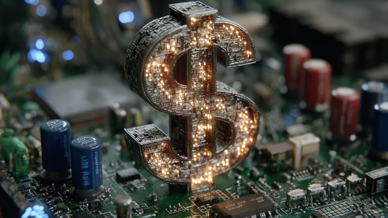 A Luminous Dollar Sign Surrounded by Circuitry Illuminates the Fusion of Finance and Technology in a Digital Age of Prosperity and Innovation