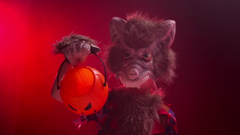 studio shot of child dressed up in werewolf monster costume trick or treating at halloween with red smoke background lighting holding pumpkin shaped jack o'lantern bucket