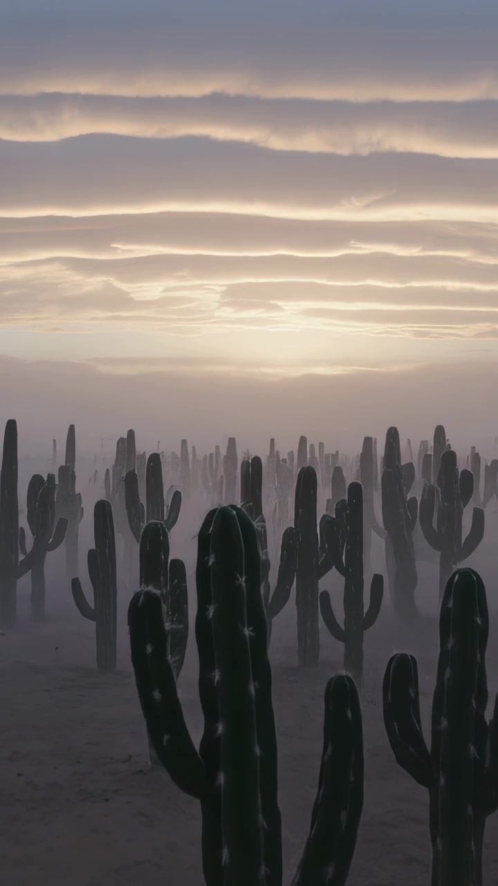 Pystyvideo: Liikkuva kamera lähestyy saguaro-kaktusta sumuisessa autiomaassa, paljastaen sumun ja auringonnousun.