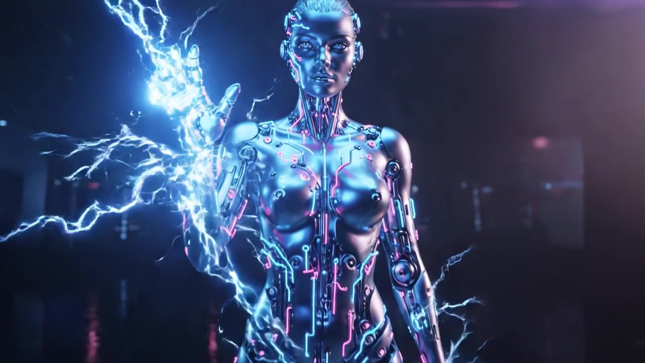 En betagende visualisering af en futuristisk robot med neonkredsløb: En udforskning af avanceret robotteknologi og menneske-robot-interaktion i et mørkt cybernetisk miljø.