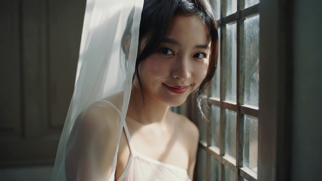 差し込む日差しの下、淡いドレスのストラップに手を添え、微笑みながら窓に身を傾けるアジア人女性。ベールが揺れている。