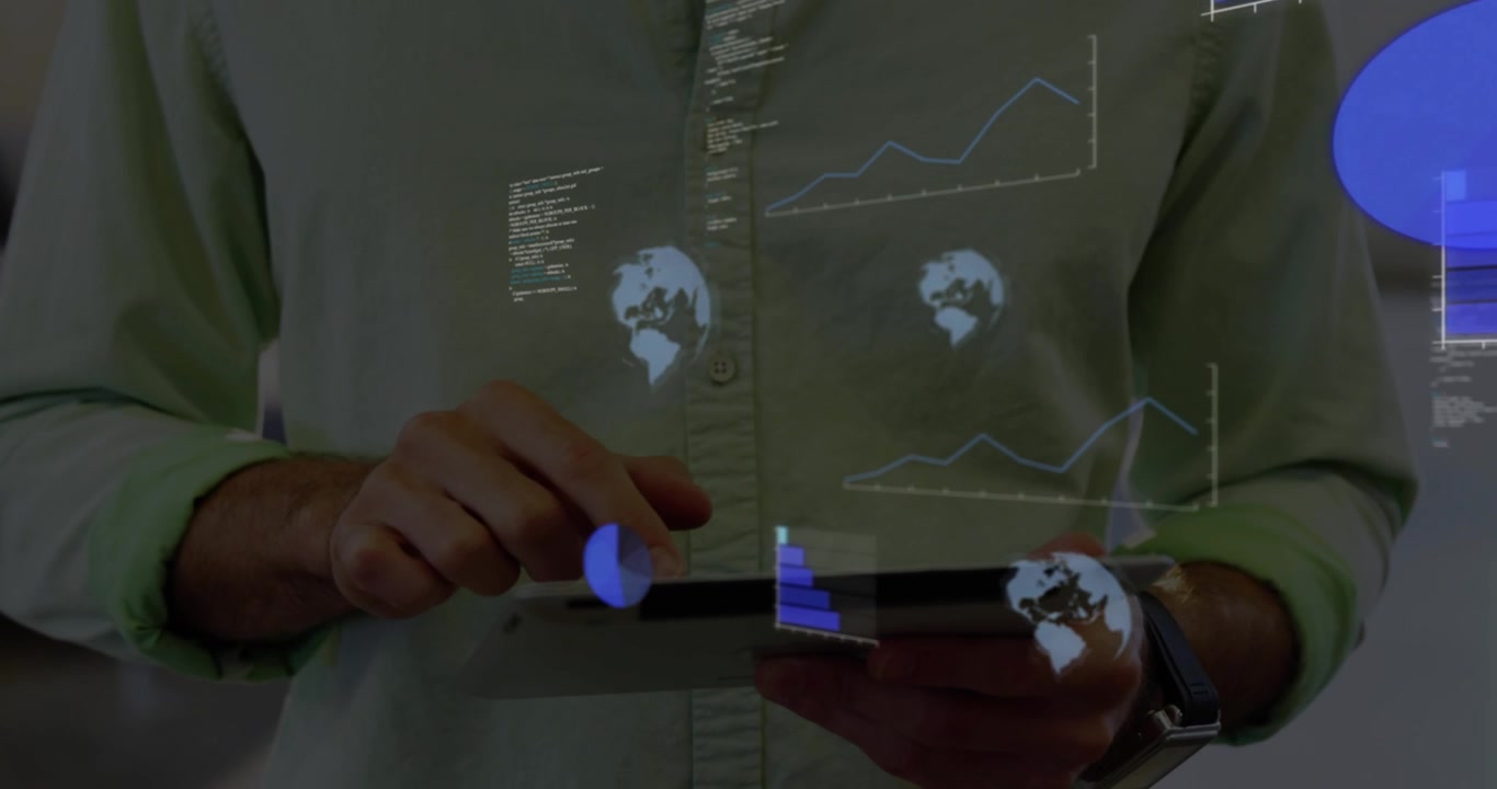Man tapping tablet screen, initiating pie chart, globes, line graph overlay for business analytics