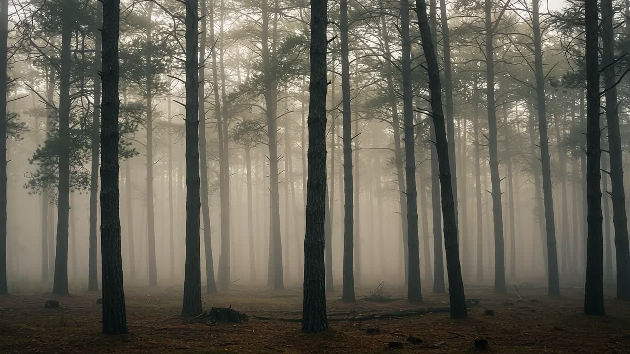 Mysterious Forest Scene Shrouded in Mist: A Glimpse into a Serene, Enigmatic Woodland Landscape Capturing the Intrigue of Nature's Beauty and Atmosphere
