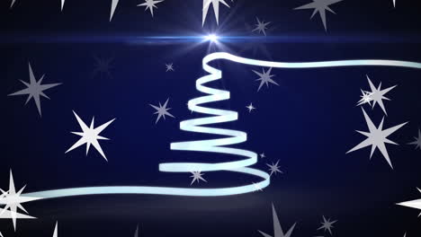 animación de estrellas flotantes y punto de luz sobre la cinta formando un árbol de navidad en fondo azul