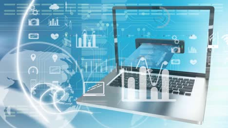 animation of financial data processing over credit card inserted into laptop
