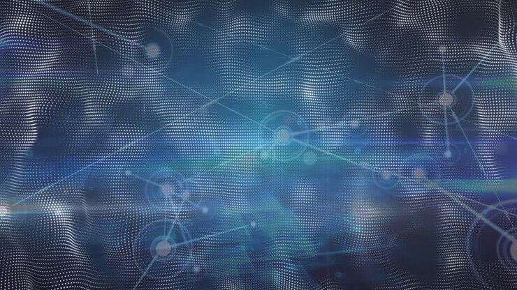 Animation of network of connections over navy background with shapes