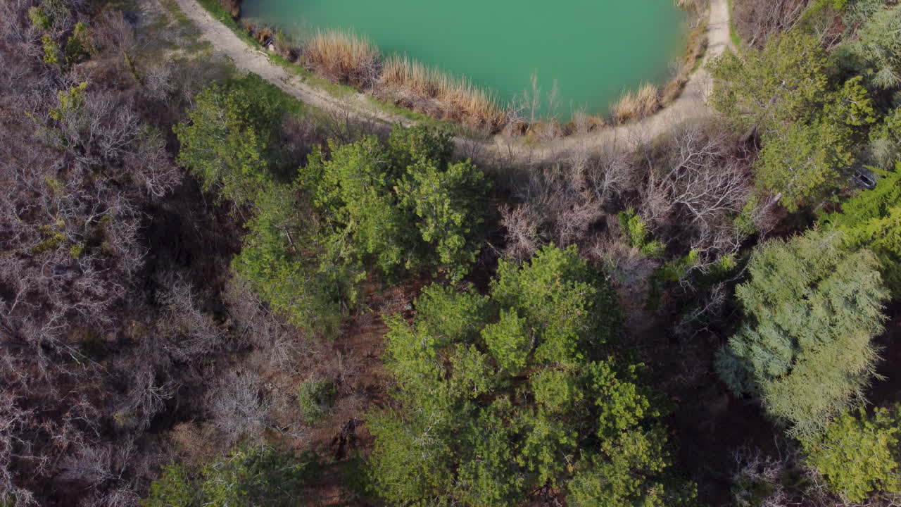 vista aérea de un lago rodeado de bosque y senderos
