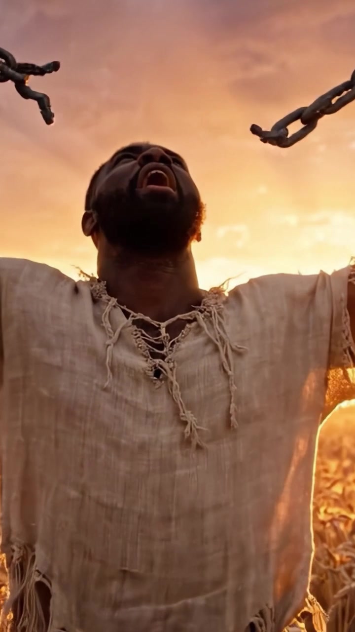 Una potente trasformazione: un uomo che si libera dalle catene in un campo di grano, abbracciando libertà e forza su uno sfondo di un magnifico tramonto.