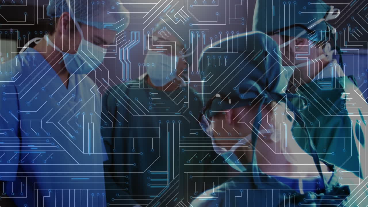 medical team working inside high-tech operating room, displaying floating circuit-board overlay