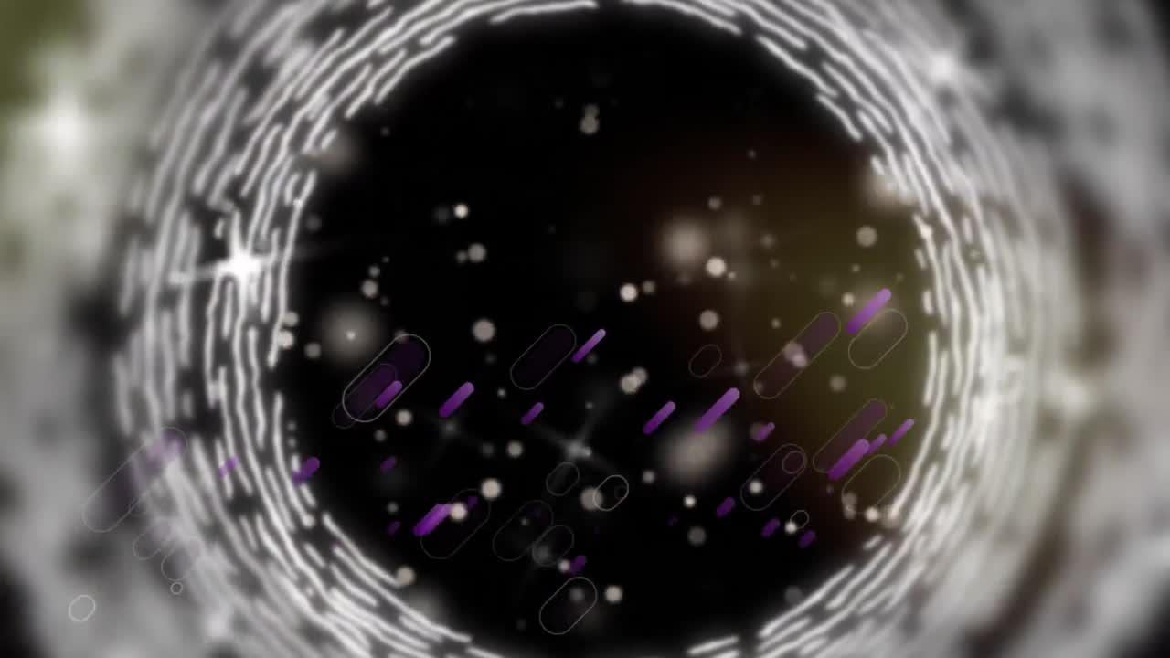 검은색 배경에 보라색 모양, 회전하는 원과 별의 애니메이션