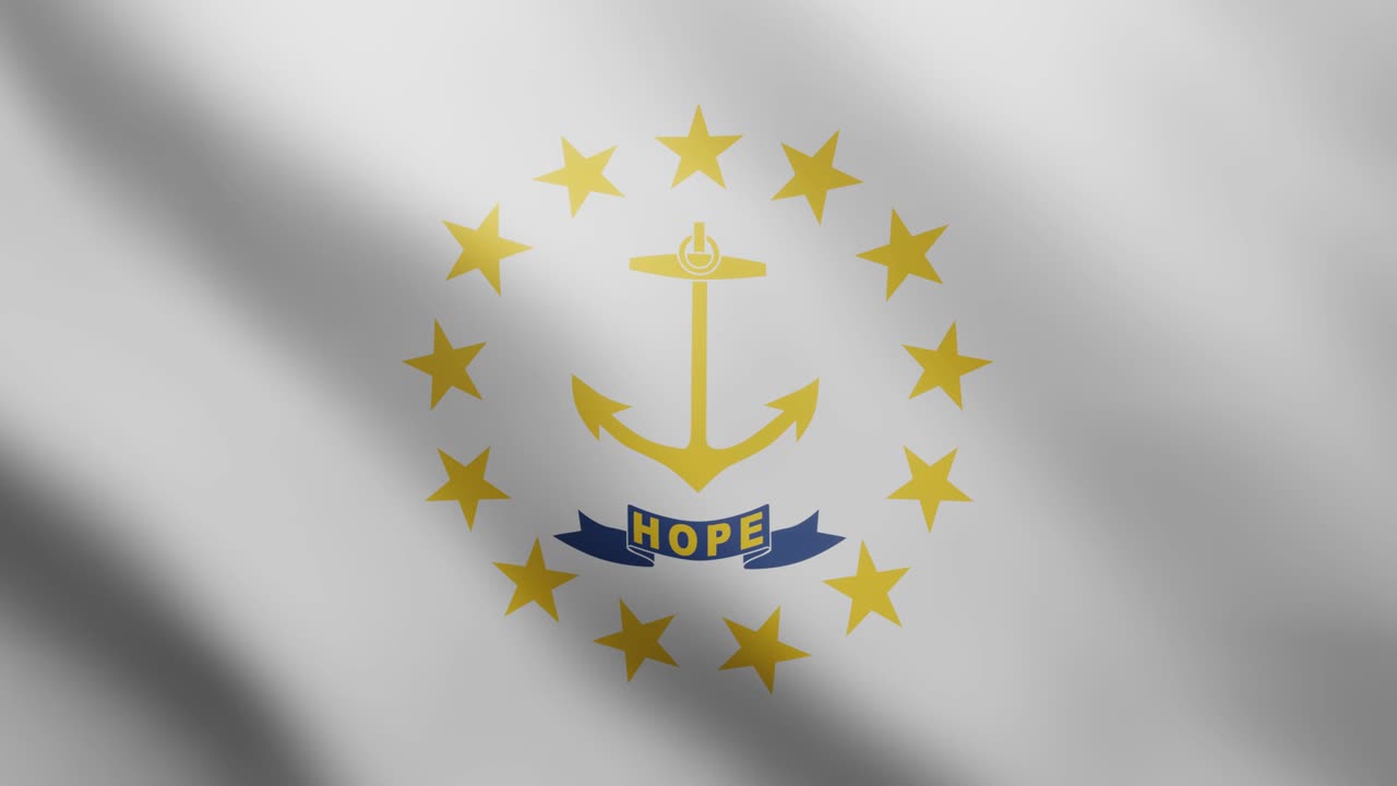 Rhode Island eyaletinin rüzgarda dalgalanan 3 boyutlu bayrağı arka planı. Gerçekçi bir şekilde 4K animasyonlu kesintisiz döngü video klibi.