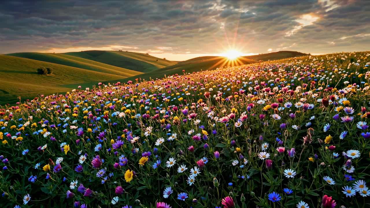 A wide-angle video captures a vibrant field of wildflowers at sunset, with rolling hills