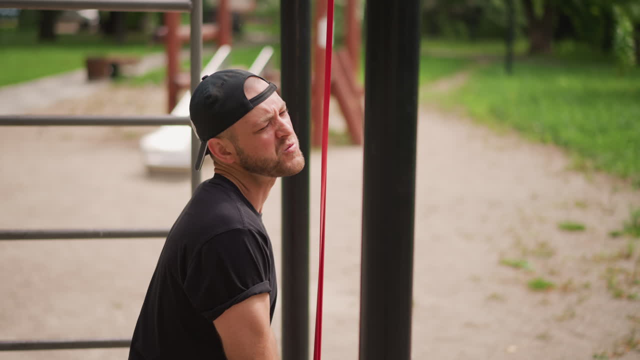 Individual Inspects Park Exercise Apparatus Carefully, Person Evaluates Outdoor Gym Equipment Prior To Use, Man Thoroughly Examines Outdoor Workout Station To Verify Secure Connections And Safety