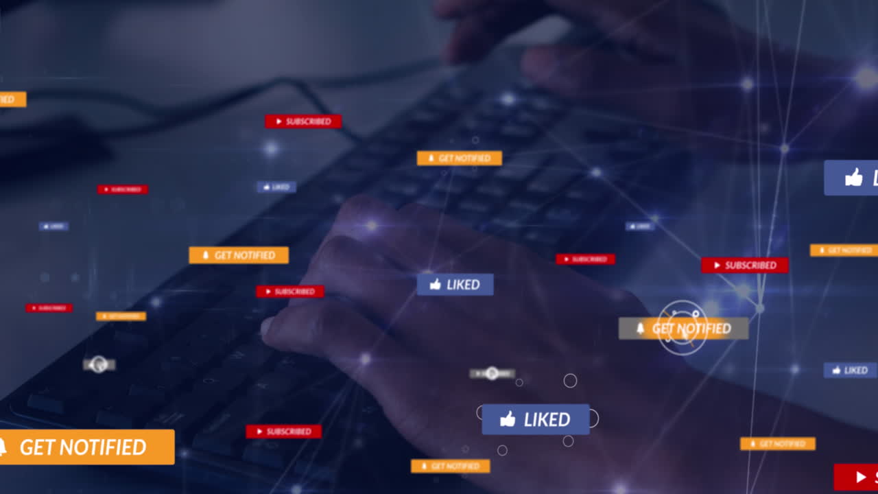 연결 네트워크와 소셜 미디어 아이콘의 애니메이션과 키보드에 타이핑하는 손 위의 텍스트