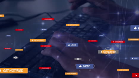 animación de la red de conexiones y iconos de redes sociales con textos sobre las manos escribiendo en el teclado