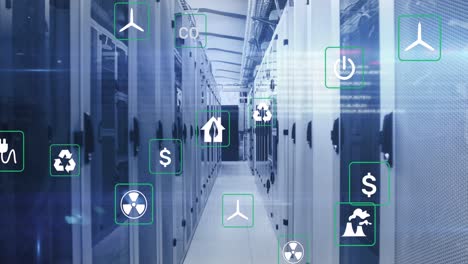 animación de múltiples iconos, lenguaje informático sobre el pasillo de la sala del servidor de datos