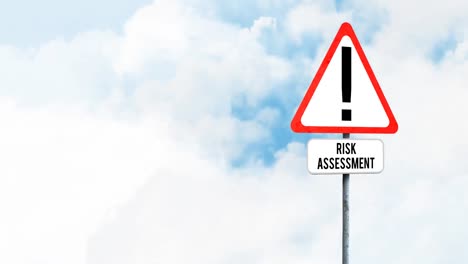 Attention-signboard-post-with-risk-assessment-text-against-clouds-in-the-blue-sky