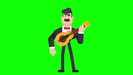 standing man playing guitar in black suit.