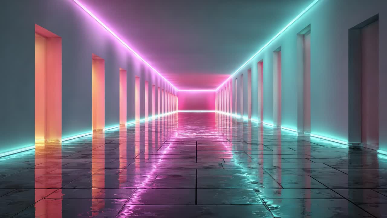 A Captivating Journey Through a Futuristic Hallway Illuminated by Vibrant Neon Lights and Reflective Surfaces, Creating a Dreamlike Ambiance of Color and Depth