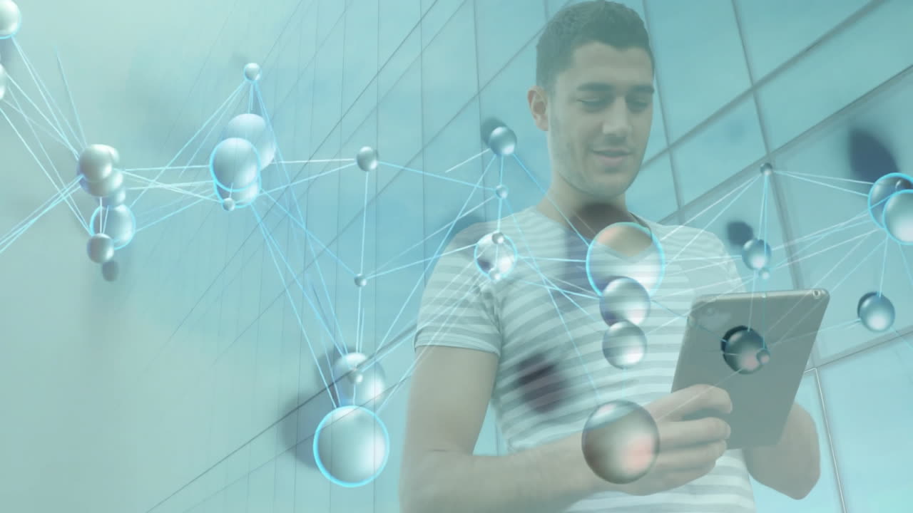 Network of connections animation over man using tablet near glass building