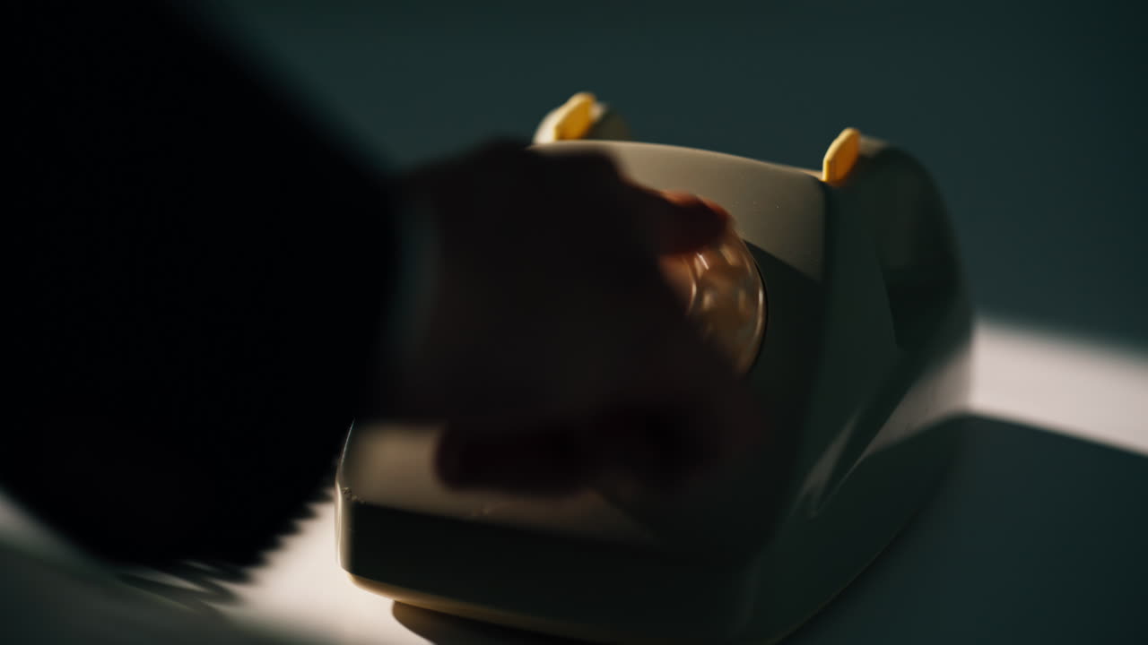 Hand dialing telephone number picking up receiver at home evening light closeup