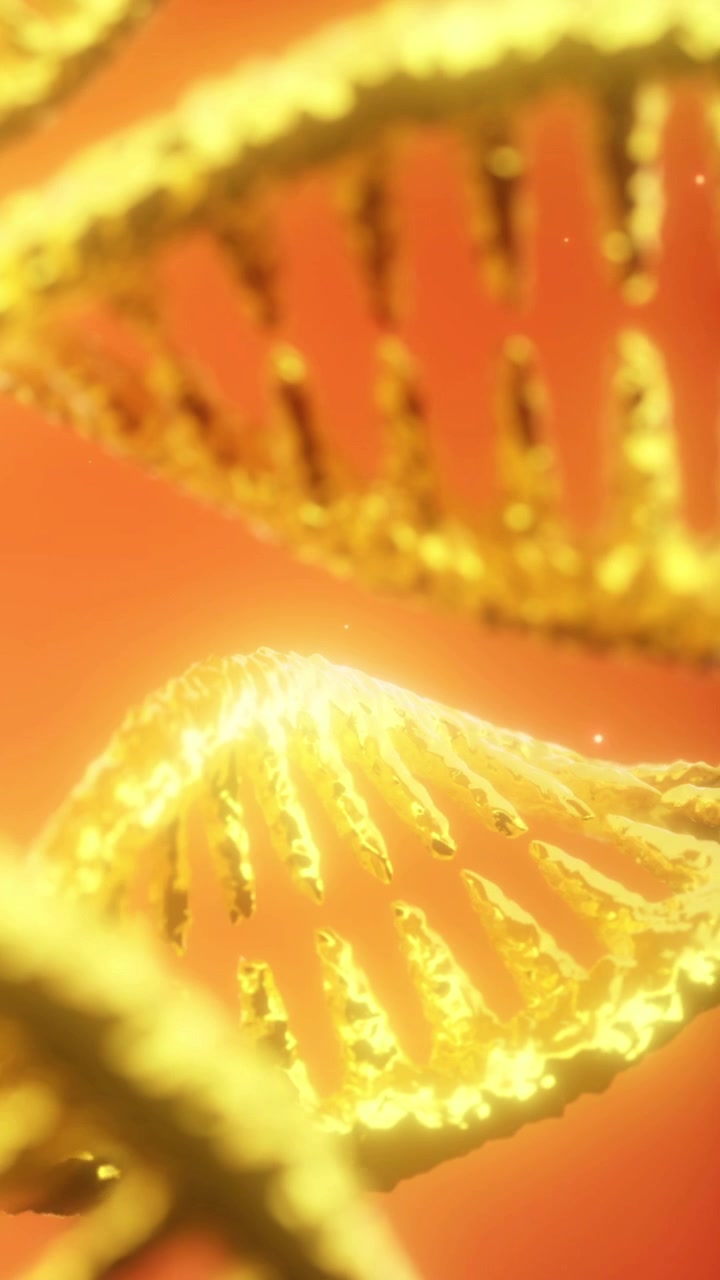 Golden dna strand shines against a red background at a laboratory setting