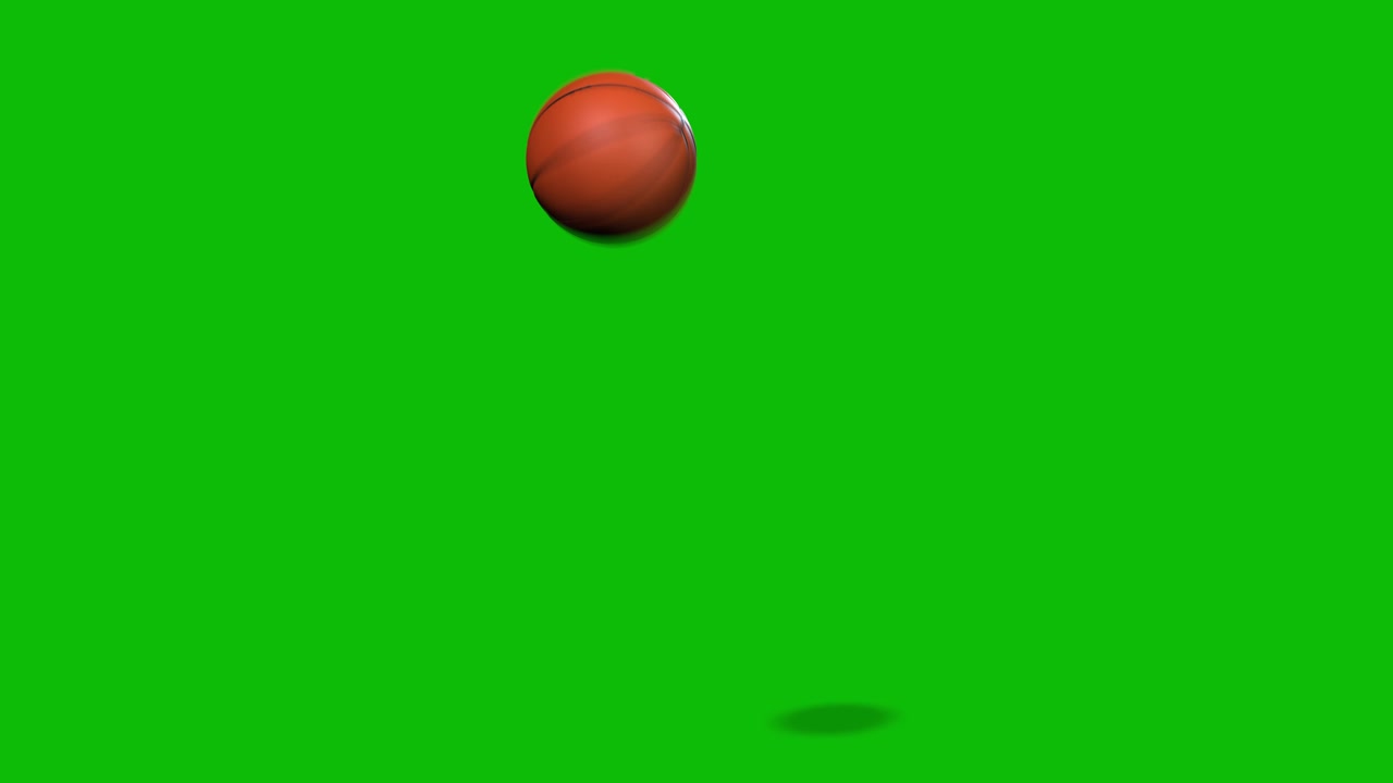 Basketball thrown on green screen, bouncing, rolling, and passing by infront of the camera, 3D animation
