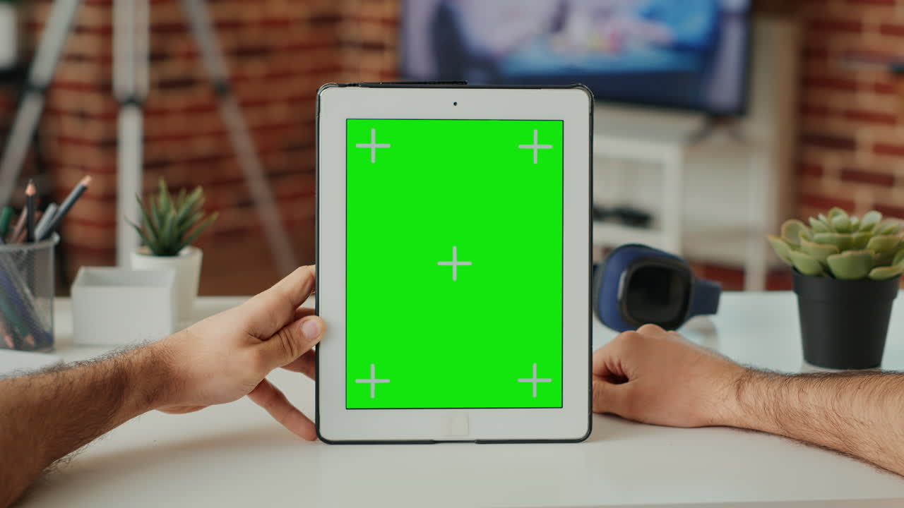 Office employee using digital gadget with greenscreen template