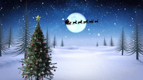 Animation-of-snow-falling-over-santa-claus-in-sleigh-with-reindeer-and-christmas-tree