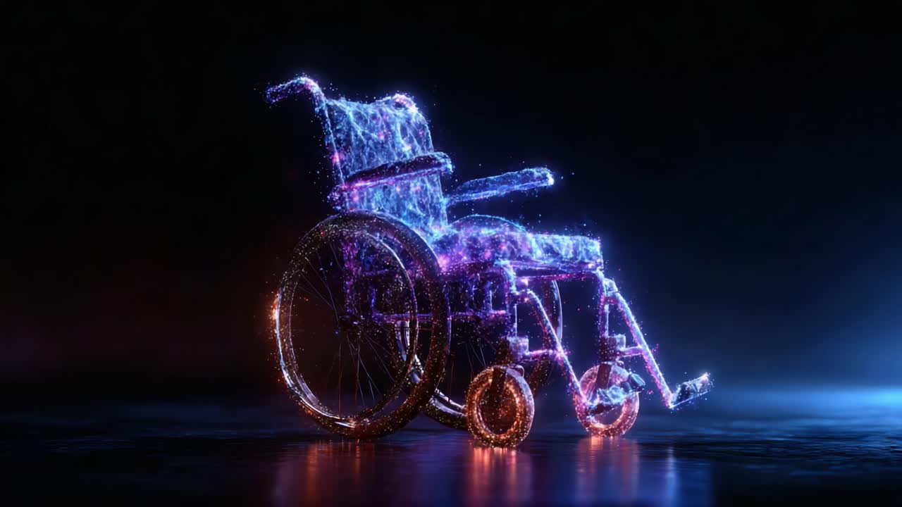 A Beautiful Transition: The Evolution of a Wheelchair from a Futuristic Glow to a Serene, Ethereal Presence, Showcasing the Intersection of Technology and Mobility
