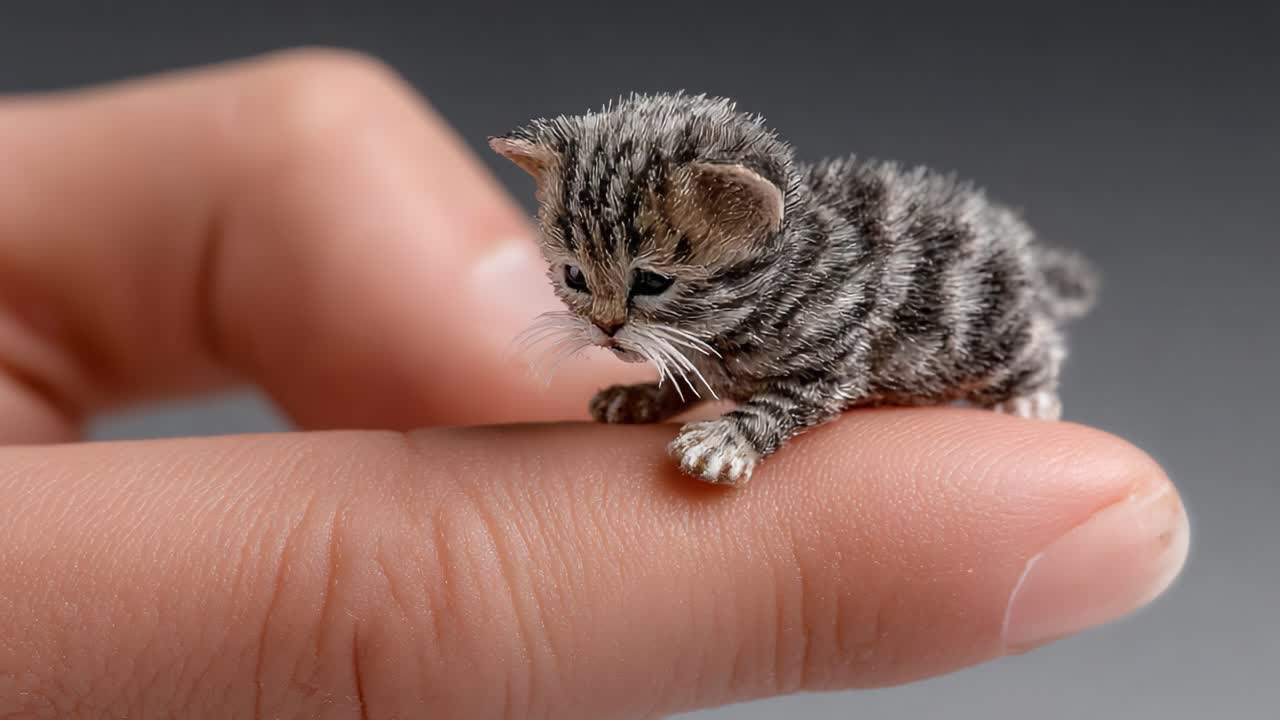 Una piccola avventura felina: guarda un gattino in miniatura esplorare il mondo dal sicuro riparo di un dito, incarnando curiosità e giocosità in ogni passo