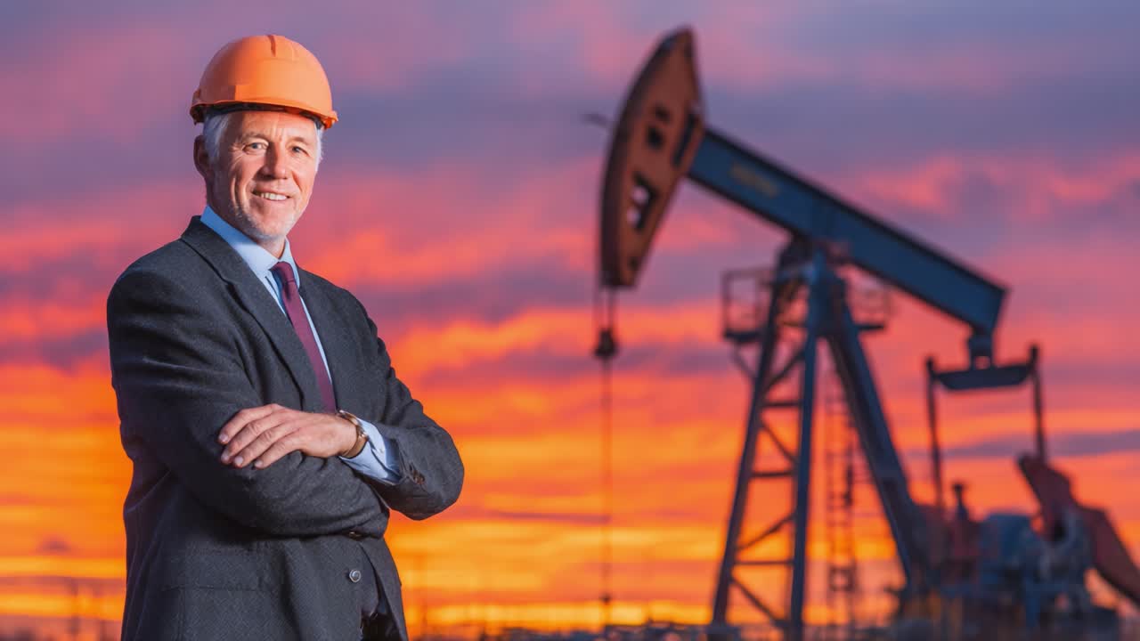 A confident professional in an orange safety helmet stands proudly against a breathtaking sunset, showcasing the oil industry and its impact on the environment and economy