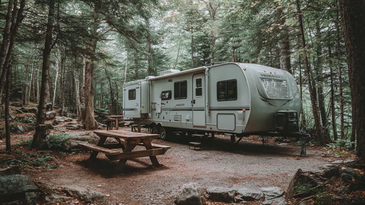 A Serene Escape: A Cozy Camper Set Amidst Lush Forest Surroundings, Perfect for Outdoor Adventures and Relaxation in Nature's Embrace