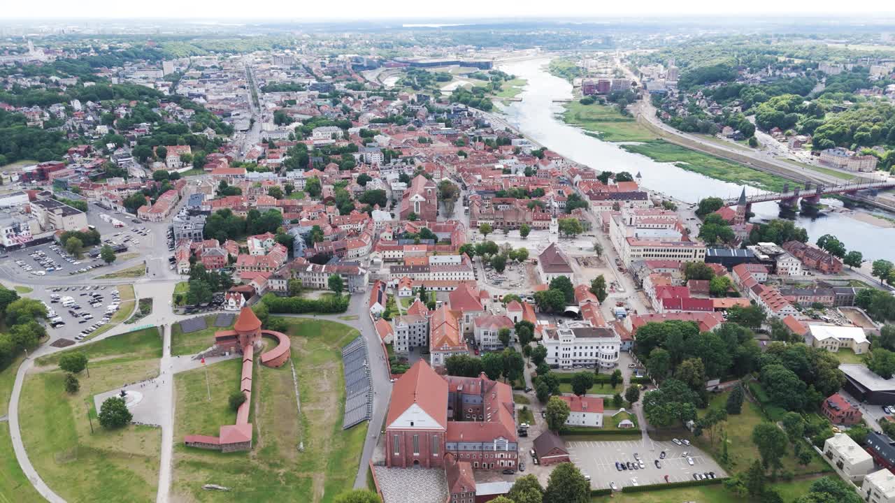 Downtown of Kaunas city, high angle drone view