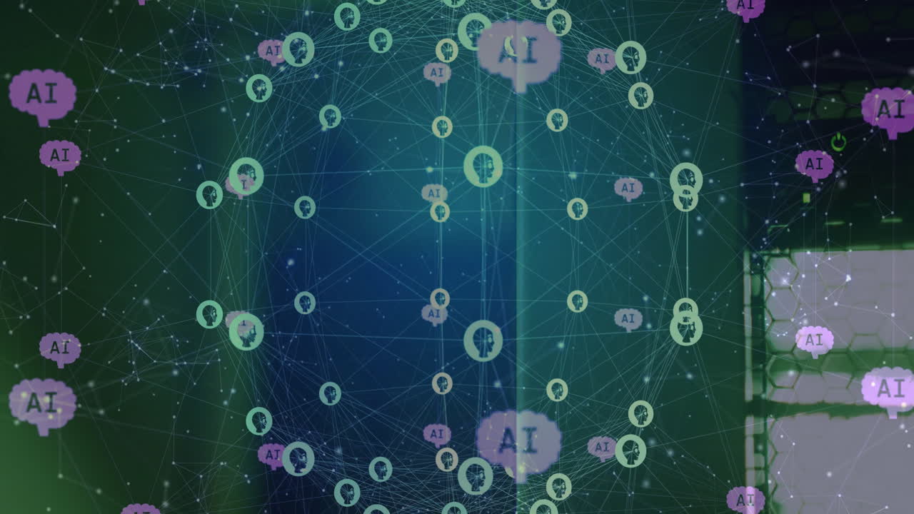 Animation of globe with connections and ai icons over computer servers