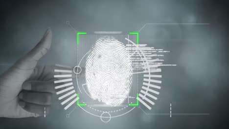 animation of biometric fingerprint with scope scanning with woman's hand and glowing lights