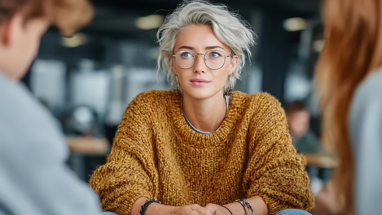 Engaging Conversation Among Friends: A Young Woman in a Cozy Sweater Captures the Essence of Thoughtful Dialogue and Connection in a Relaxed Social Setting