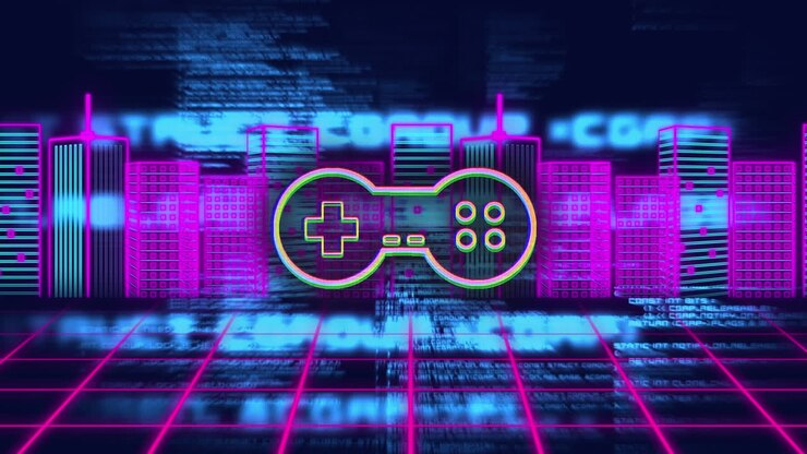 Animazione di console di gioco e modello 3D di edifici con linguaggio informatico su sfondo nero.