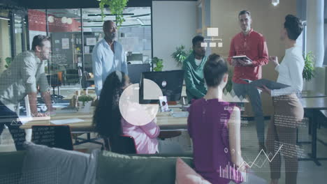 animation of financial data processing over diverse business people in office