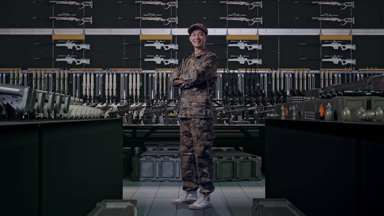 Figura intera, vista laterale di un soldato asiatico sorridente con le braccia incrociate in un arsenale militare